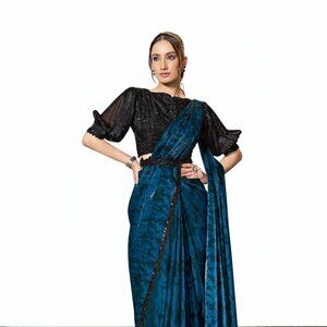 Exquisite Two-Tone Satin Silk Blue Saree with Intricate Embroidery